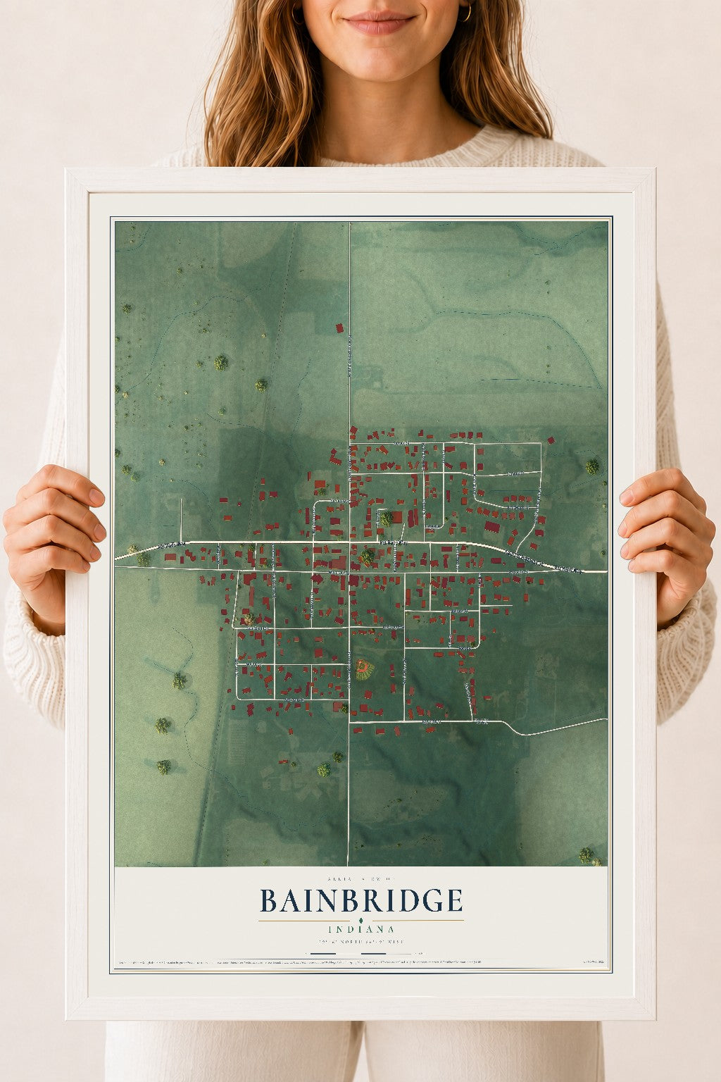 Map of Bainbridge, Indiana, 18 x 24 inch print in a white wood frame
