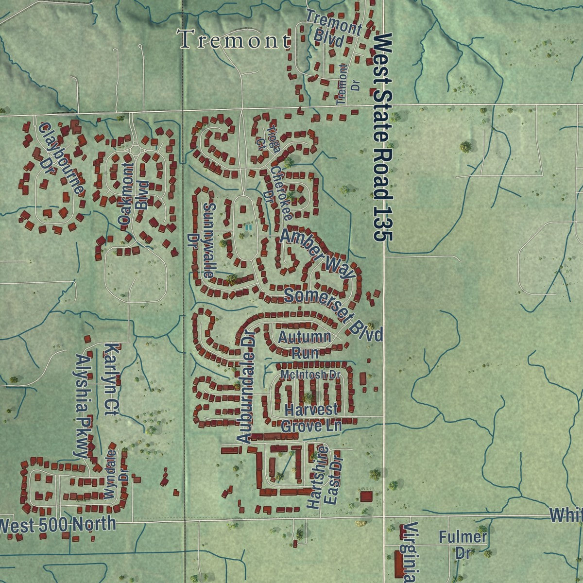 Second close-up of the map of Bargersville, Indiana print showing more streets and buildings