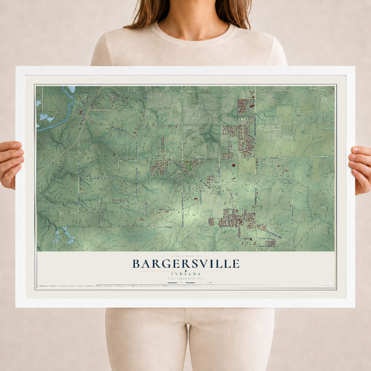 Map of Bargersville, Indiana, 18 x 24 inch print in a white wood frame