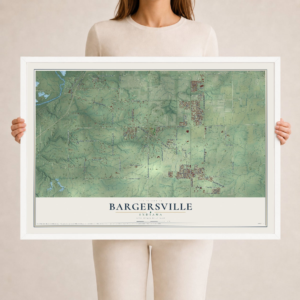 Map of Bargersville, Indiana, 24 x 36 inch print in a white wood frame