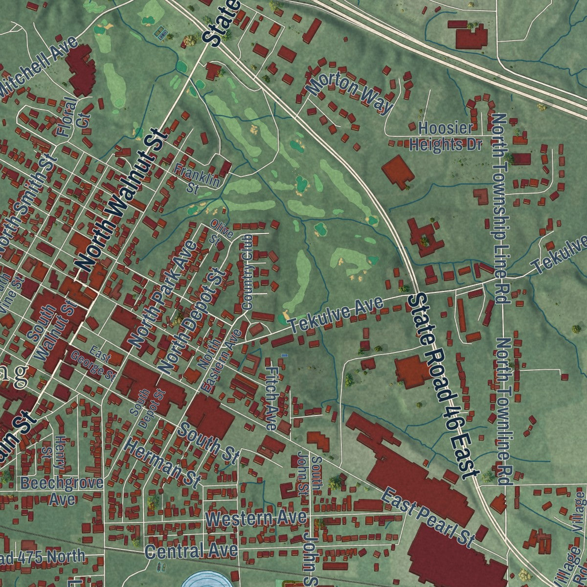 Close-up of the map of Batesville, Indiana print showing street and building detail
