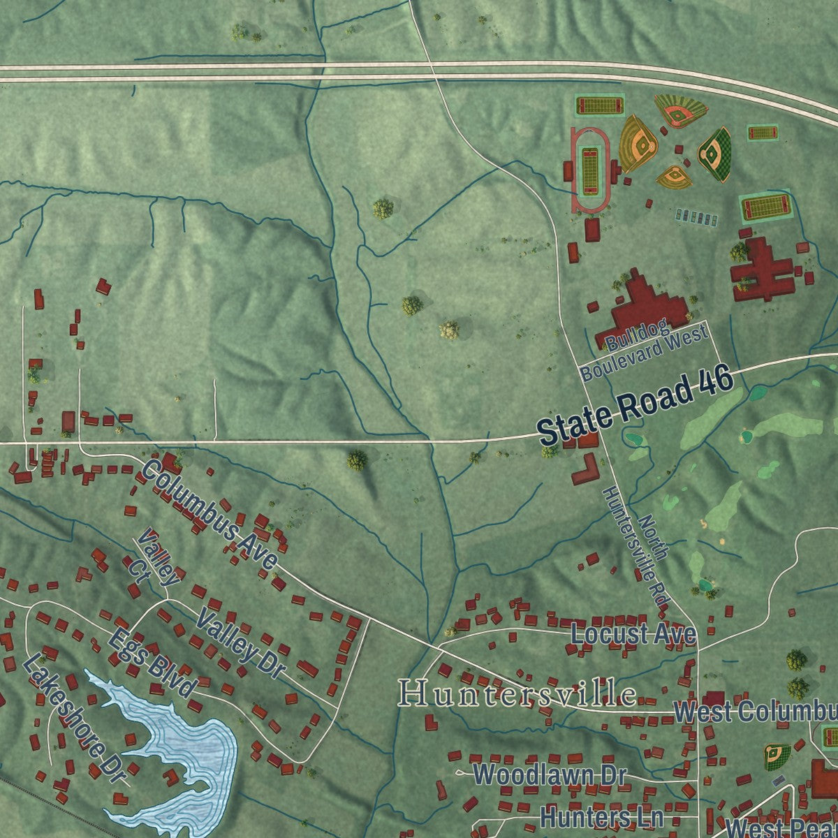 Second close-up of the map of Batesville, Indiana print showing more streets and buildings