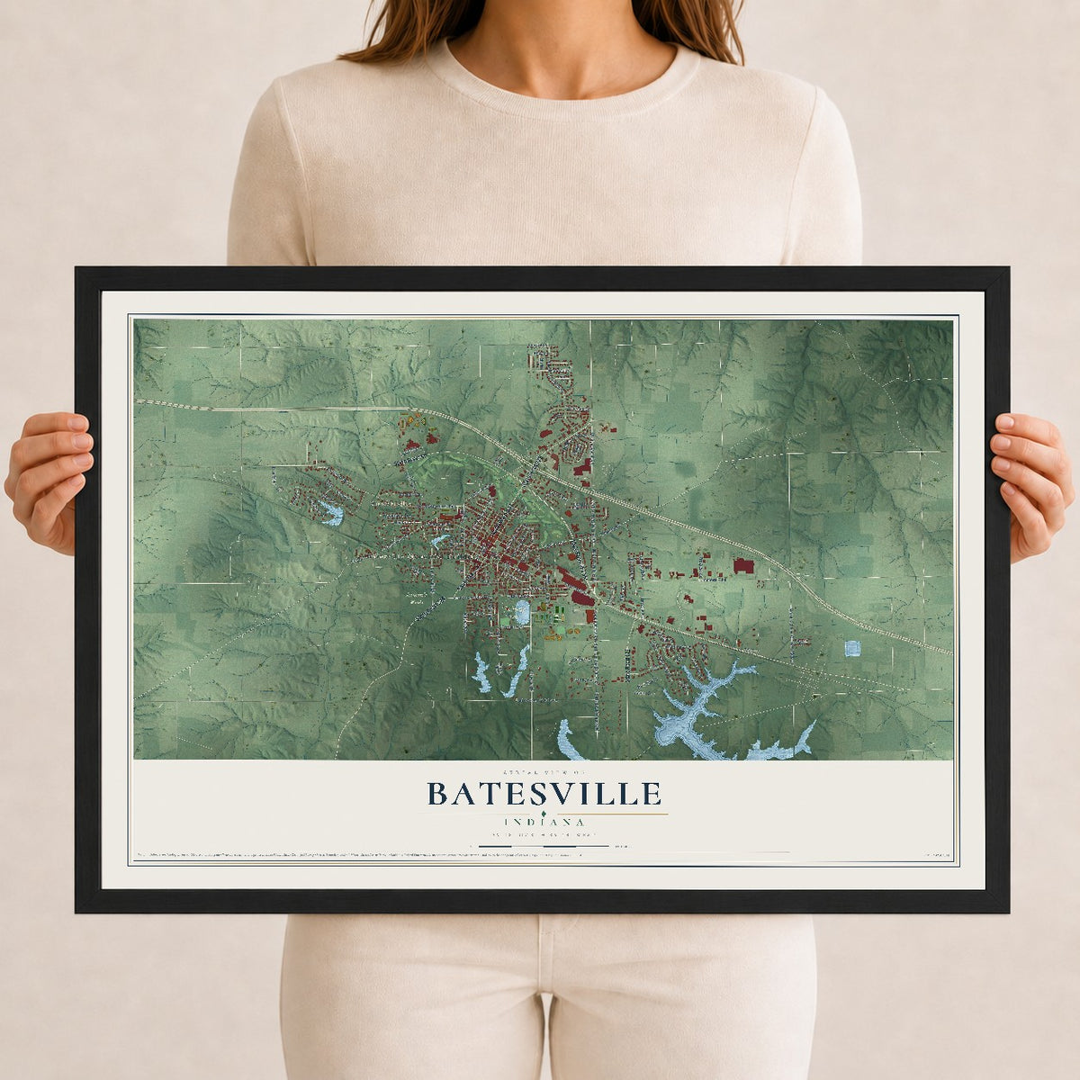 Map of Batesville, Indiana, 12 x 18 inch print in a black wood frame
