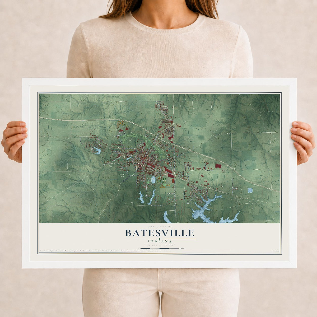 Map of Batesville, Indiana, 12 x 18 inch print in a white wood frame
