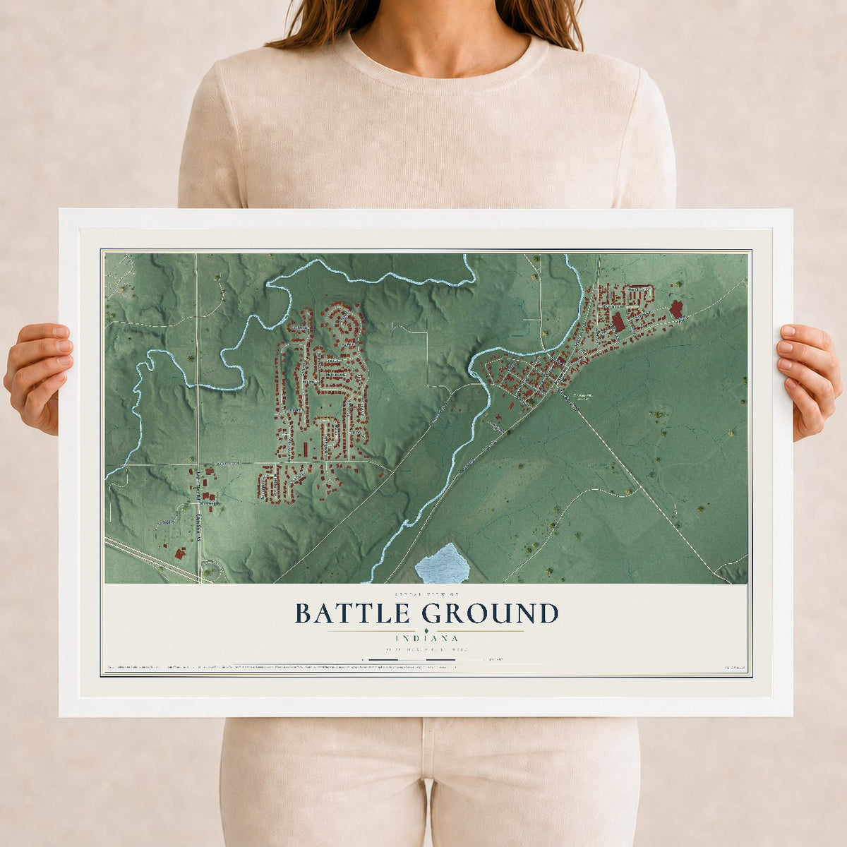 Map of Battle Ground, Indiana, 12 x 18 inch print in a white wood frame