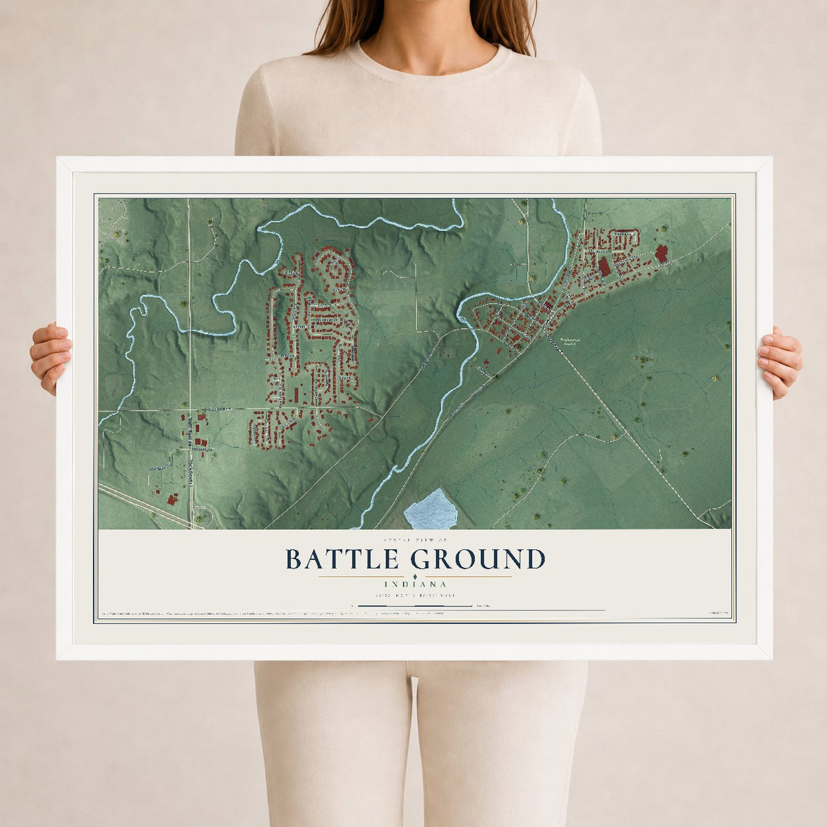 Map of Battle Ground, Indiana, 24 x 36 inch print in a white wood frame