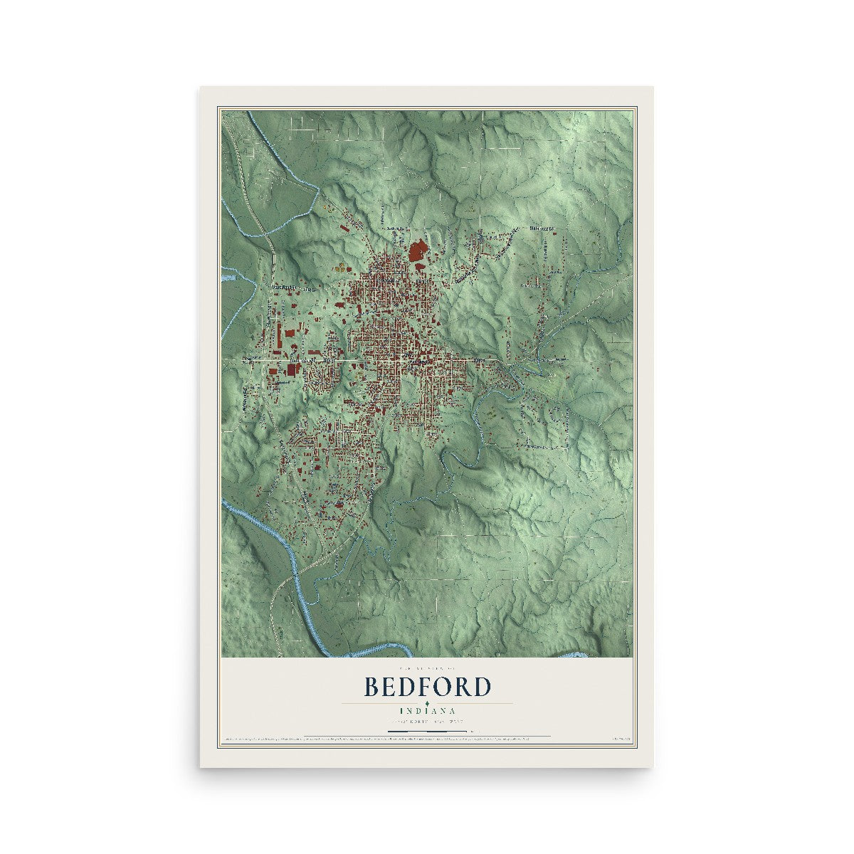 Map of Bedford, Indiana, 12 x 18 inch unframed archival matte print
