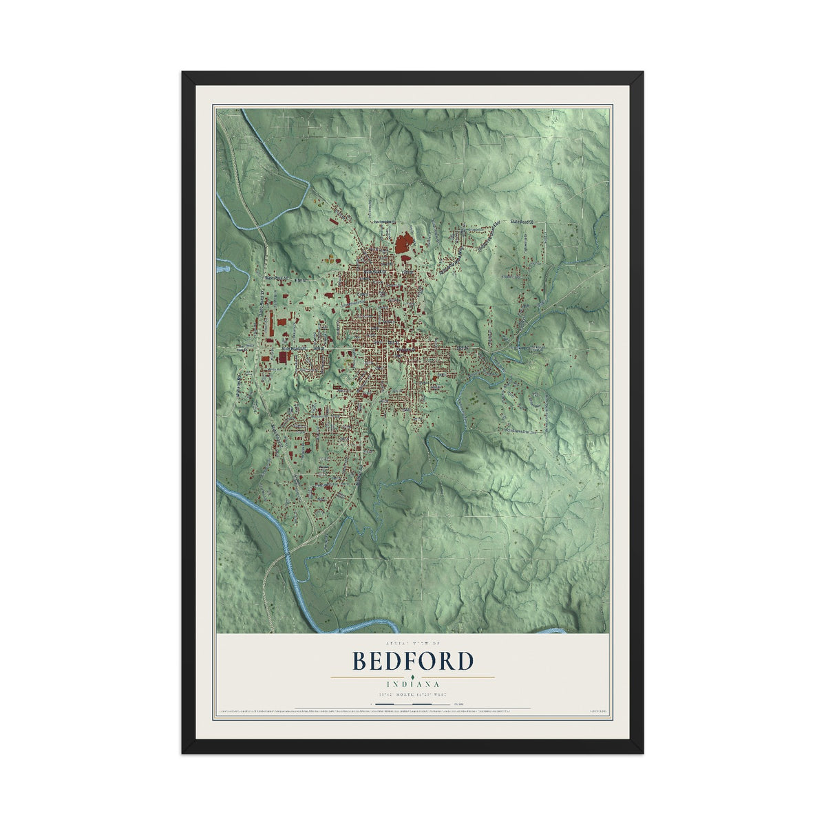 Map of Bedford, Indiana, 12 x 18 inch print in a black wood frame