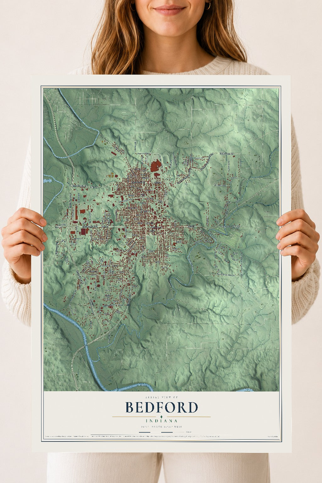 Map of Bedford, Indiana, 18 x 24 inch unframed archival matte print