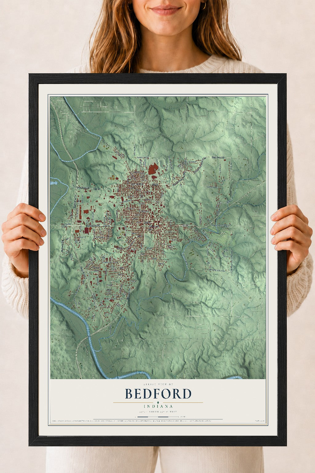 Map of Bedford, Indiana, 18 x 24 inch print in a black wood frame