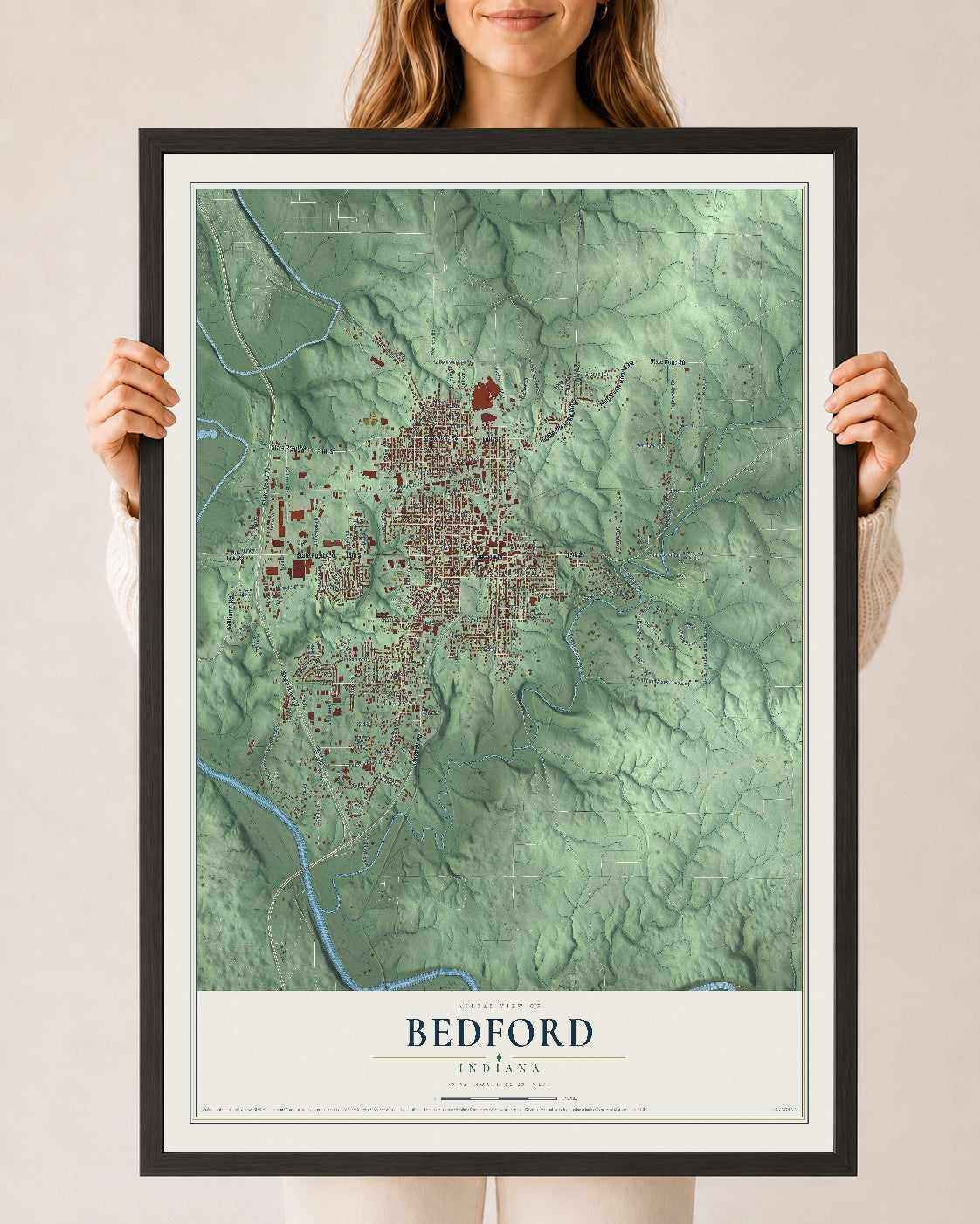 Map of Bedford, Indiana, 24 x 36 inch print in a black wood frame