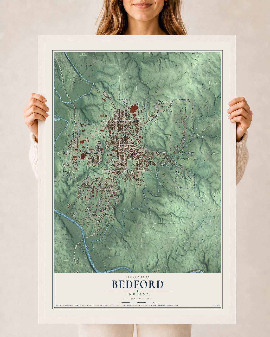 Map of Bedford, Indiana, 24 x 36 inch print in a white wood frame