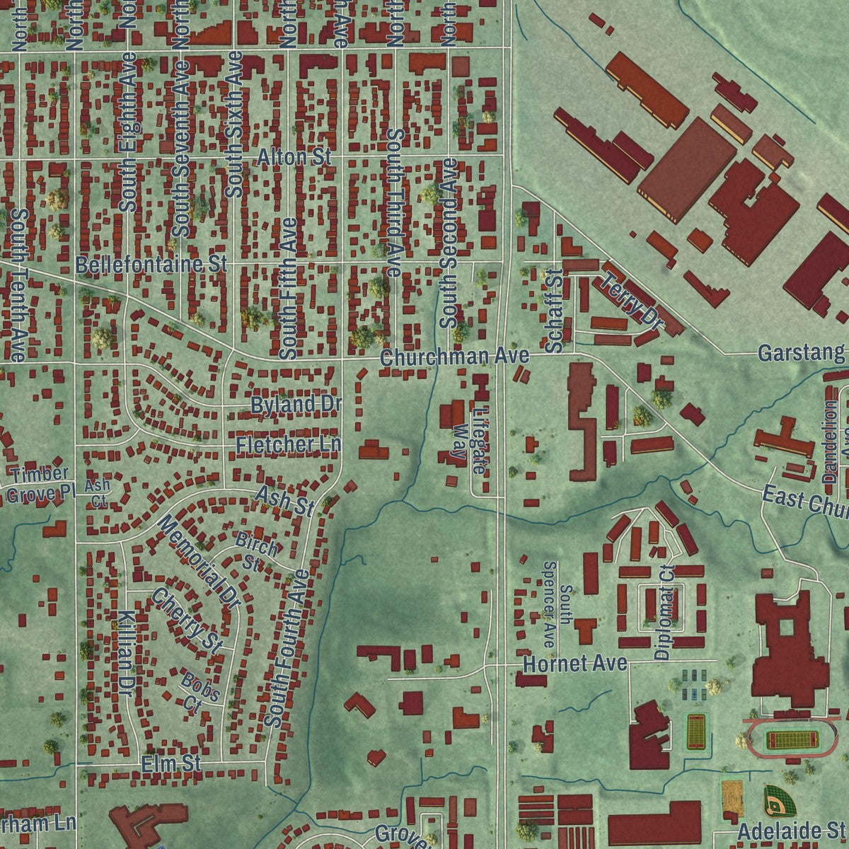 Close-up of the map of Beech Grove, Indiana print showing street and building detail