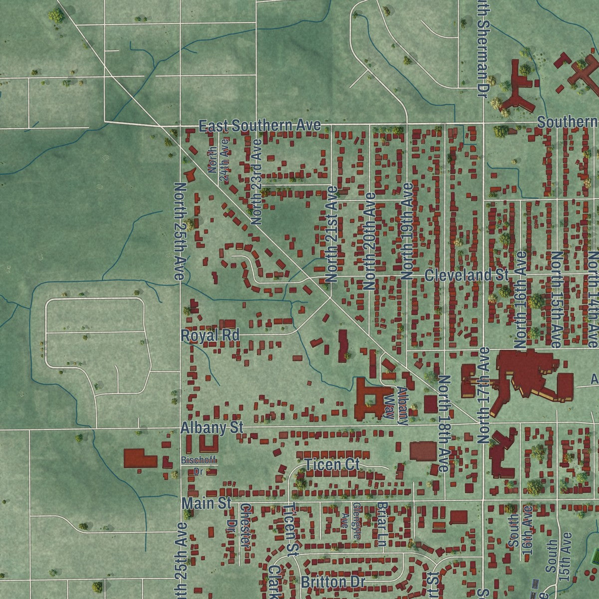 Second close-up of the map of Beech Grove, Indiana print showing more streets and buildings