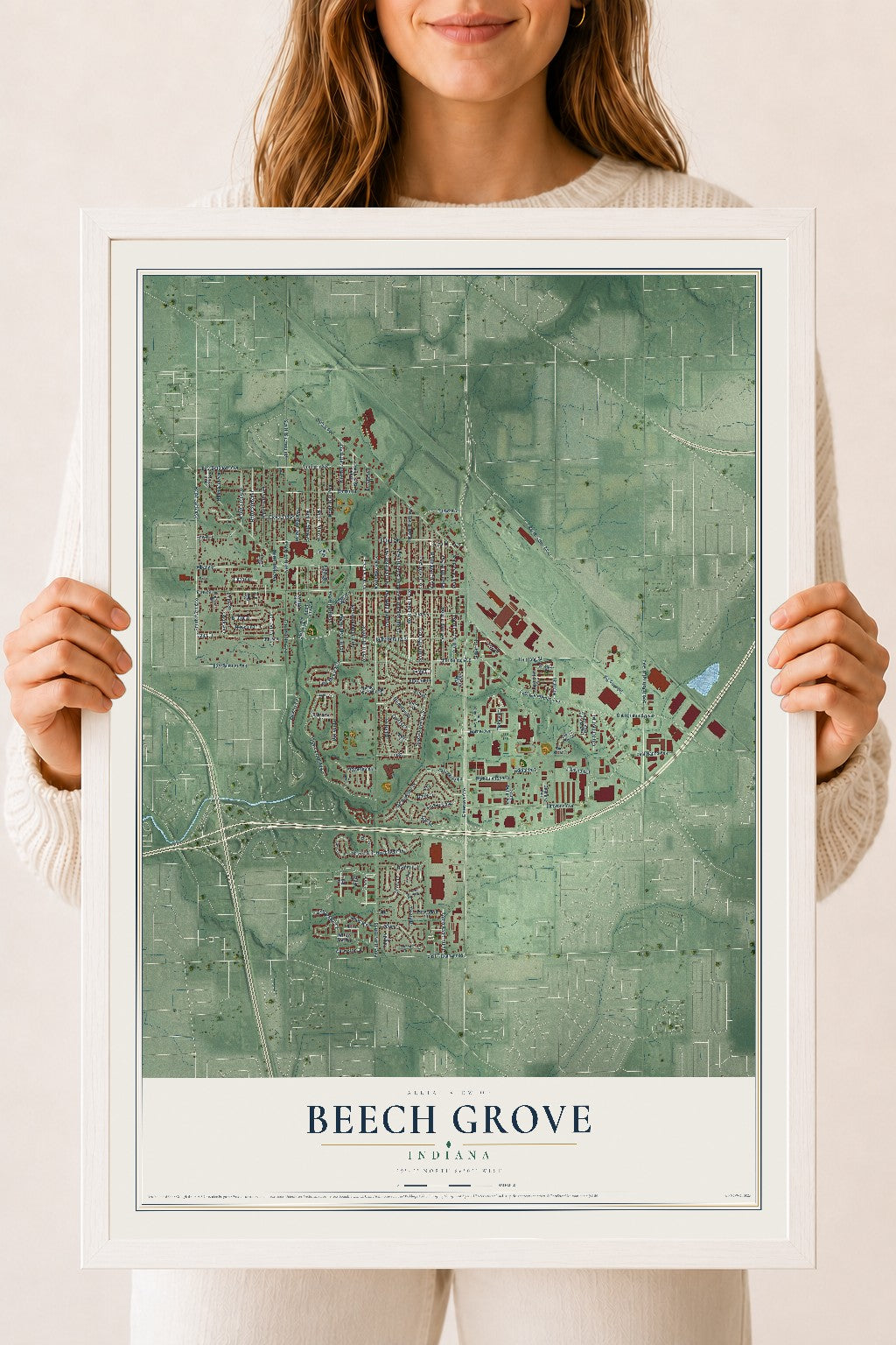 Map of Beech Grove, Indiana, 18 x 24 inch print in a white wood frame