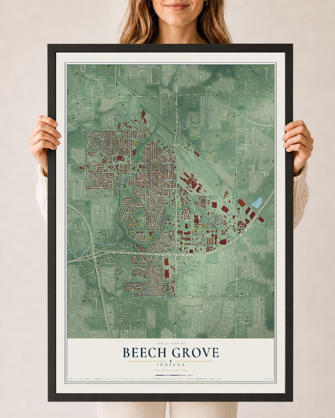 Map of Beech Grove, Indiana, 24 x 36 inch print in a black wood frame