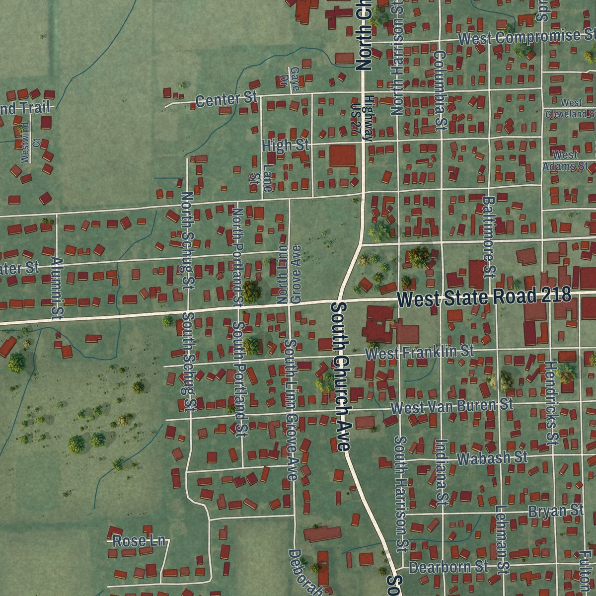 Close-up of the map of Berne, Indiana print showing street and building detail