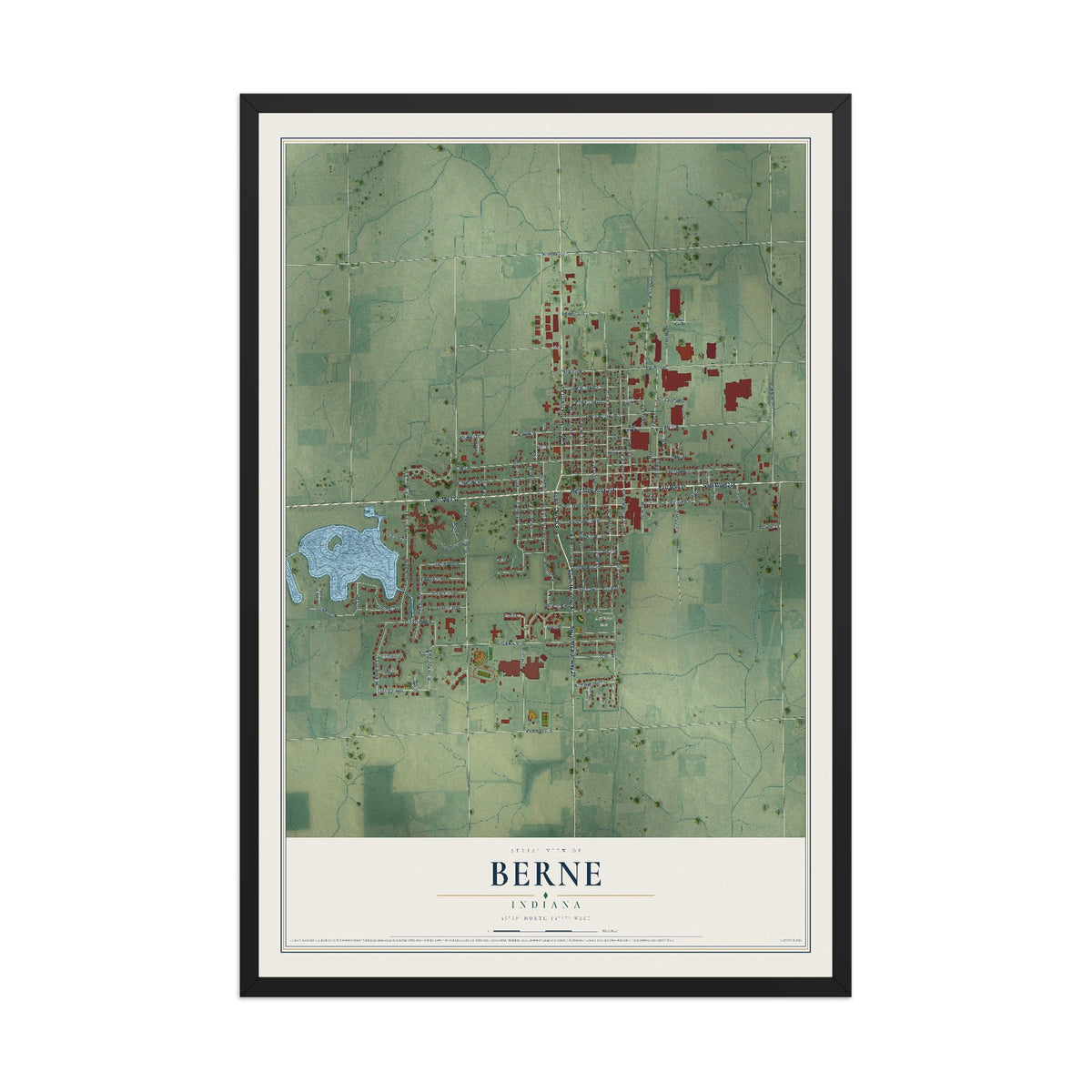 Map of Berne, Indiana, 12 x 18 inch print in a black wood frame