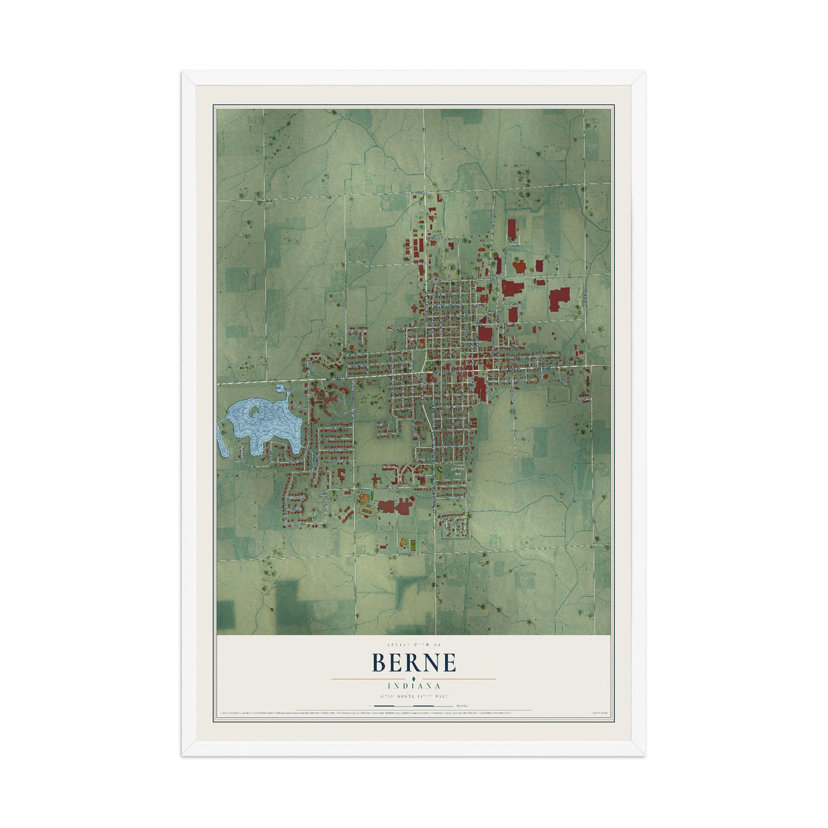Map of Berne, Indiana, 12 x 18 inch print in a white wood frame