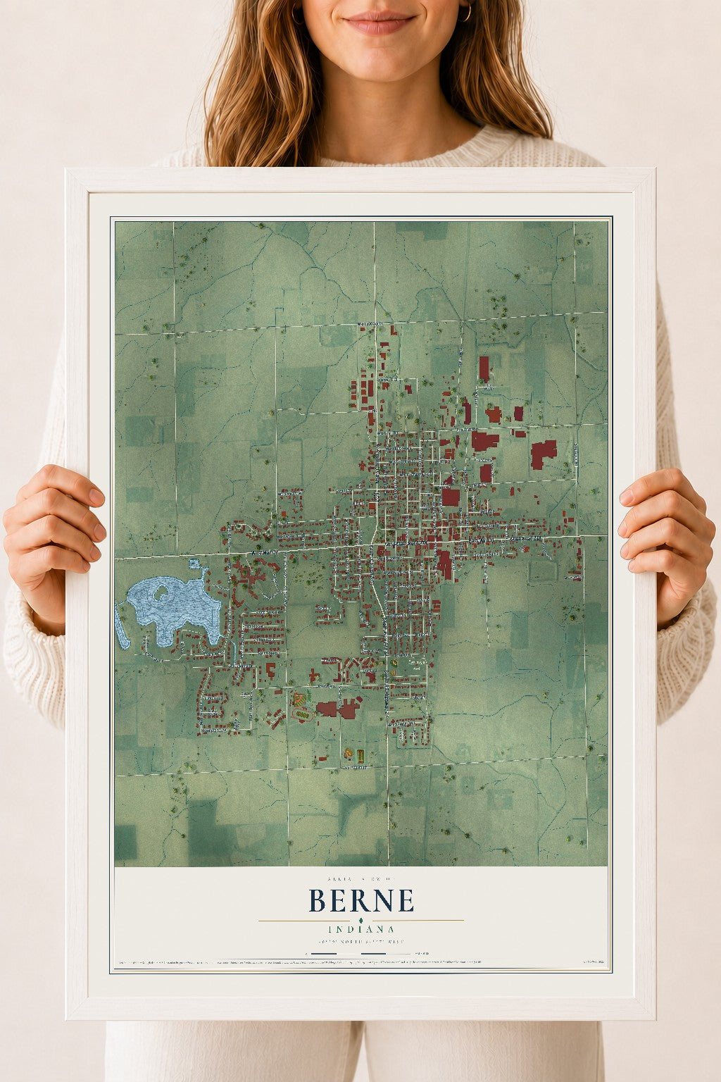 Map of Berne, Indiana, 18 x 24 inch print in a white wood frame