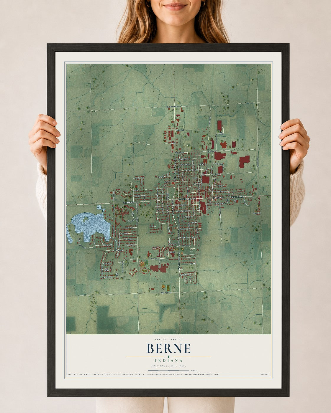 Map of Berne, Indiana, 24 x 36 inch print in a black wood frame