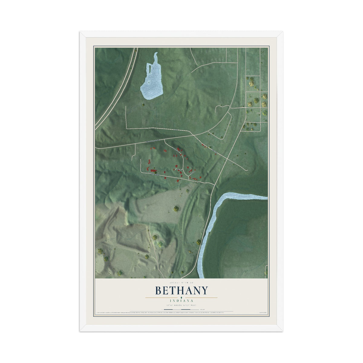 Map of Bethany, Indiana, 12 x 18 inch print in a white wood frame