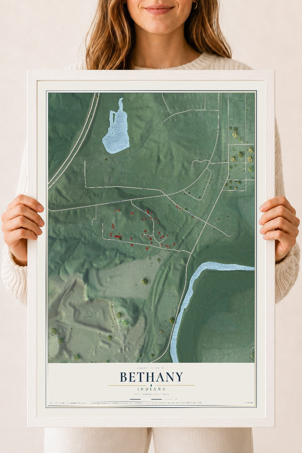 Map of Bethany, Indiana, 18 x 24 inch print in a white wood frame
