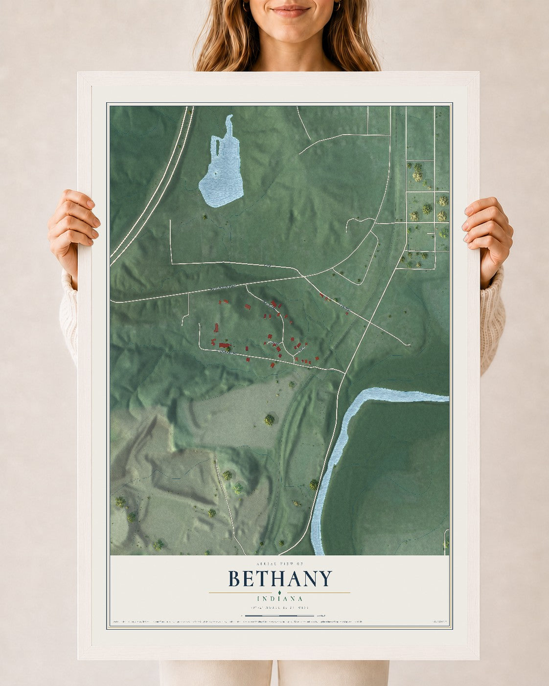 Map of Bethany, Indiana, 24 x 36 inch print in a white wood frame
