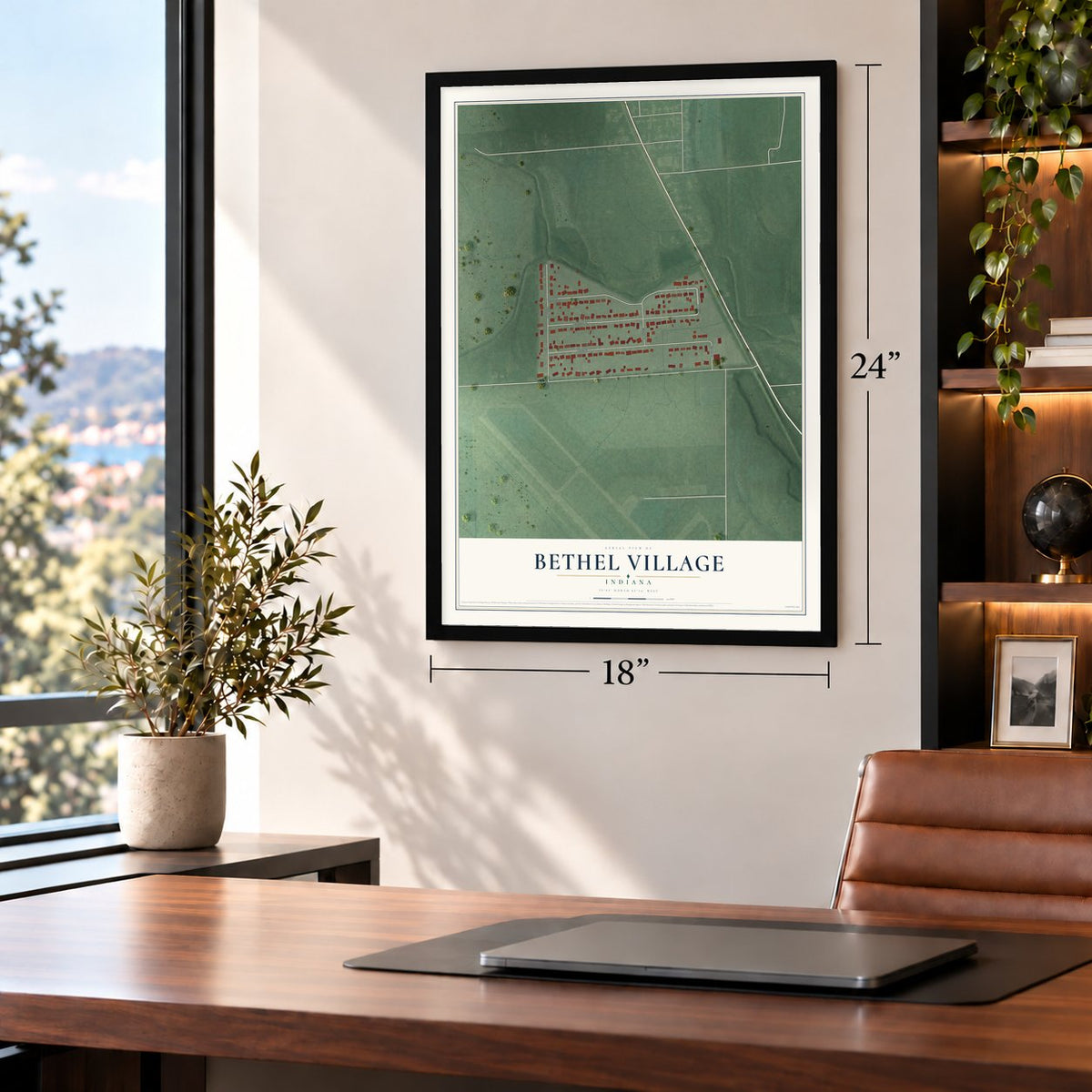 Bethel Village, Indiana map, 18 x 24 inch print in a black frame in a home office