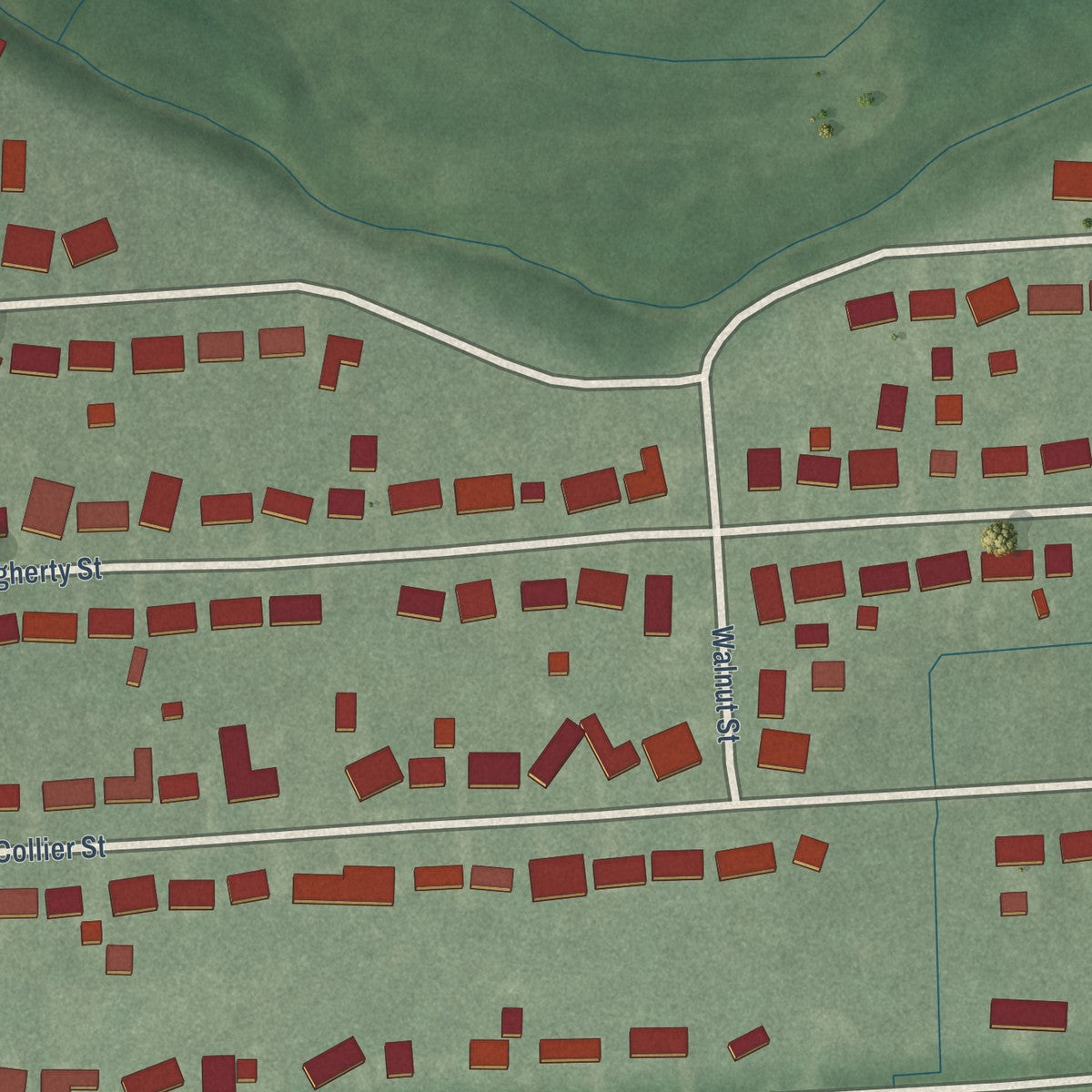 Close-up of the map of Bethel Village, Indiana print showing street and building detail