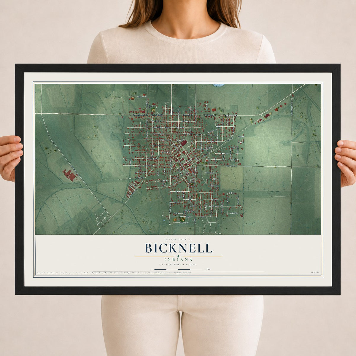 Map of Bicknell, Indiana, 18 x 24 inch print in a black wood frame