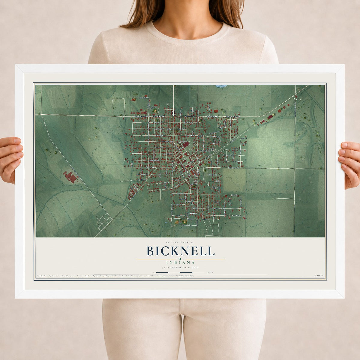 Map of Bicknell, Indiana, 18 x 24 inch print in a white wood frame