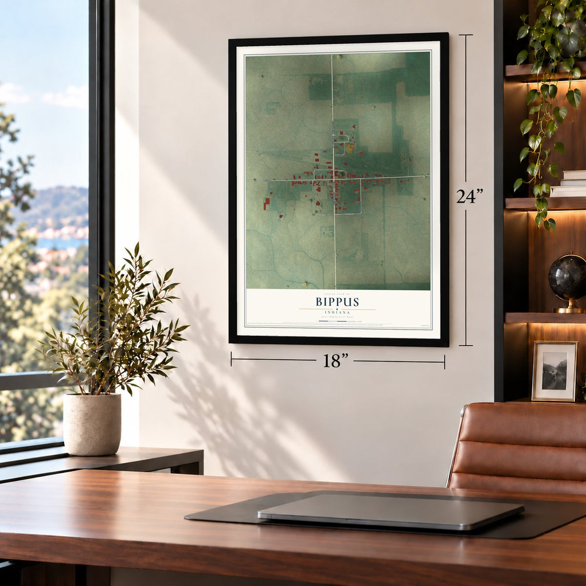 Bippus, Indiana map, 18 x 24 inch print in a black frame in a home office