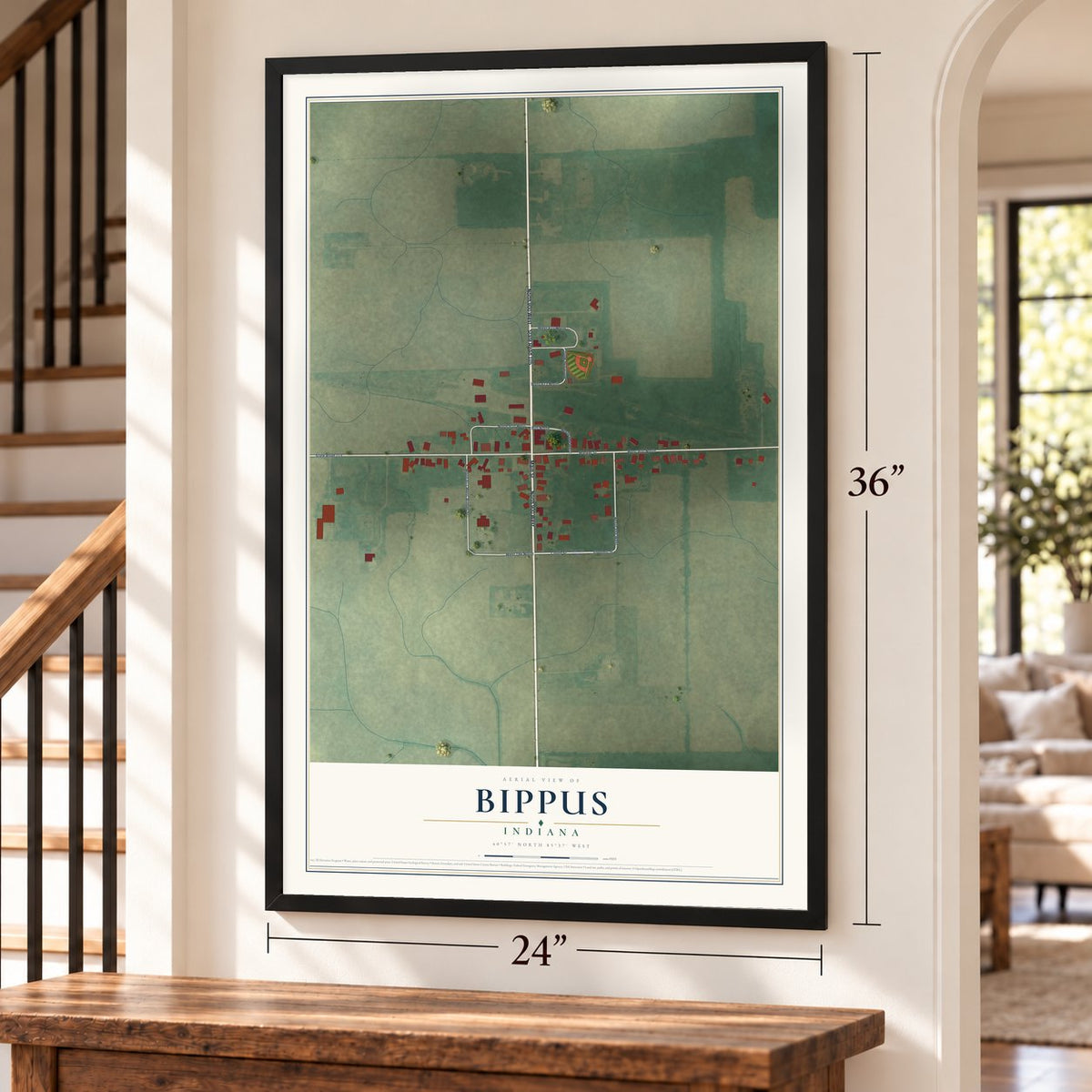 Bippus, Indiana map, 24 x 36 inch print in a black frame by a staircase