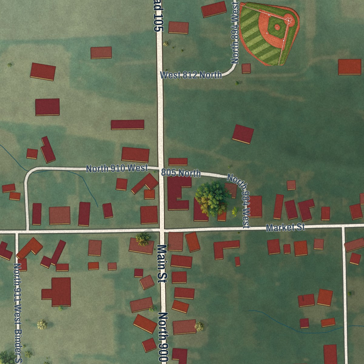 Close-up of the map of Bippus, Indiana print showing street and building detail