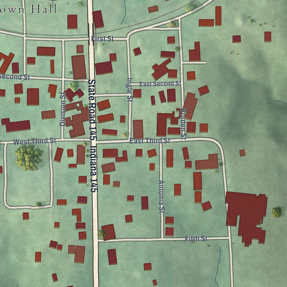 Close-up of the map of Birdseye, Indiana print showing street and building detail