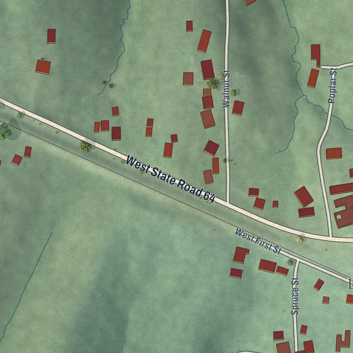 Second close-up of the map of Birdseye, Indiana print showing more streets and buildings