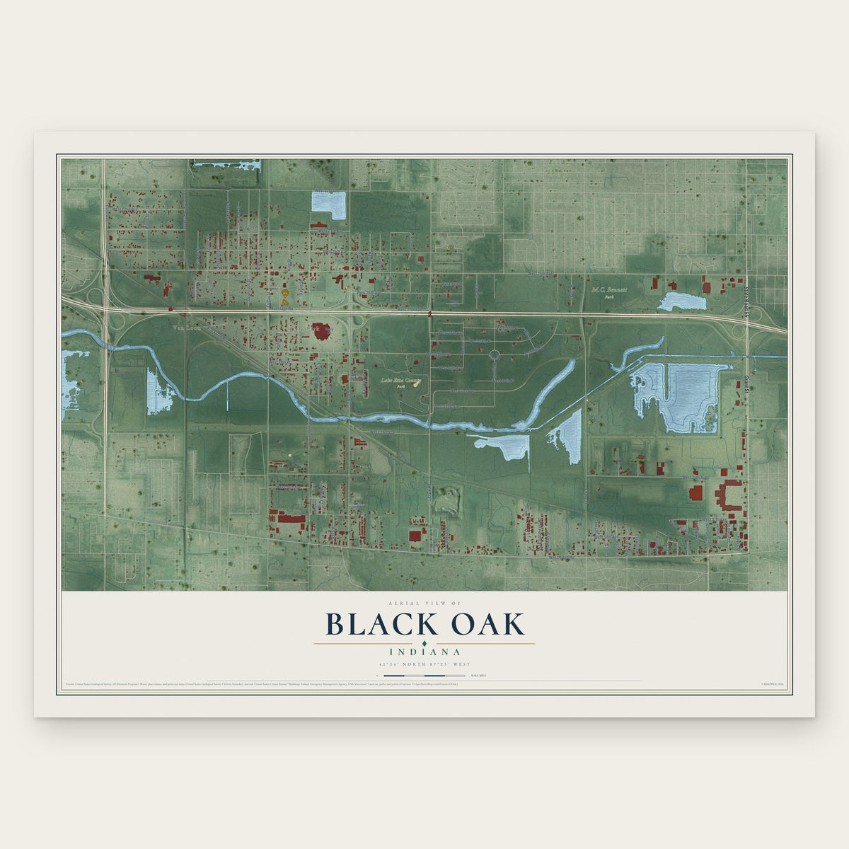 Black Oak, Indiana map print, the full design