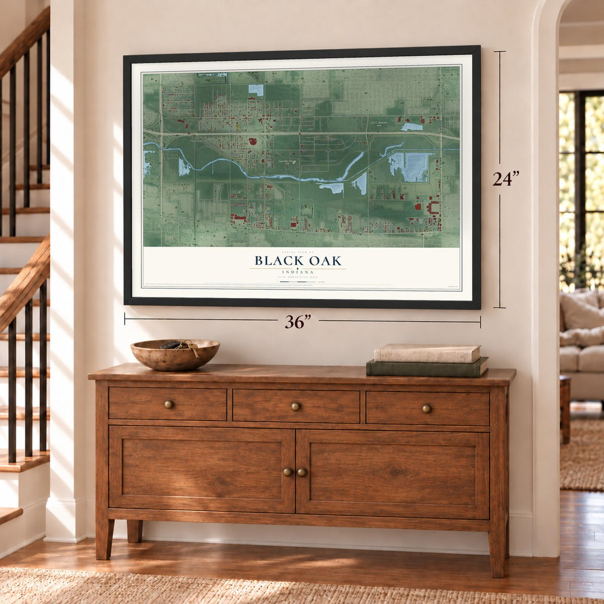Black Oak, Indiana map, 24 x 36 inch print in a black frame above a dresser by a staircase
