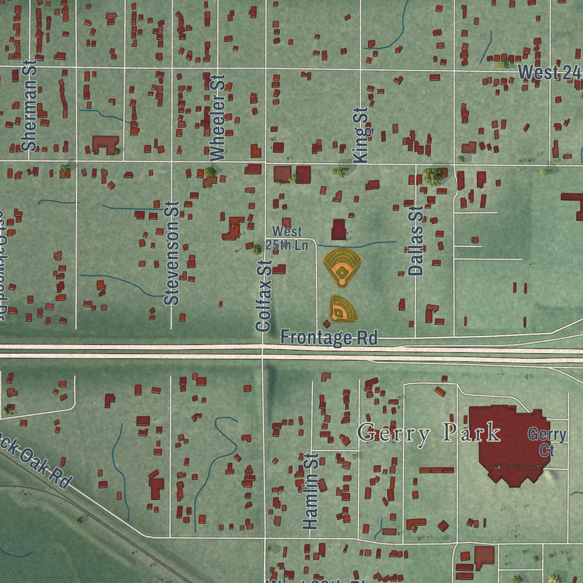 Close-up of the map of Black Oak, Indiana print showing street and building detail