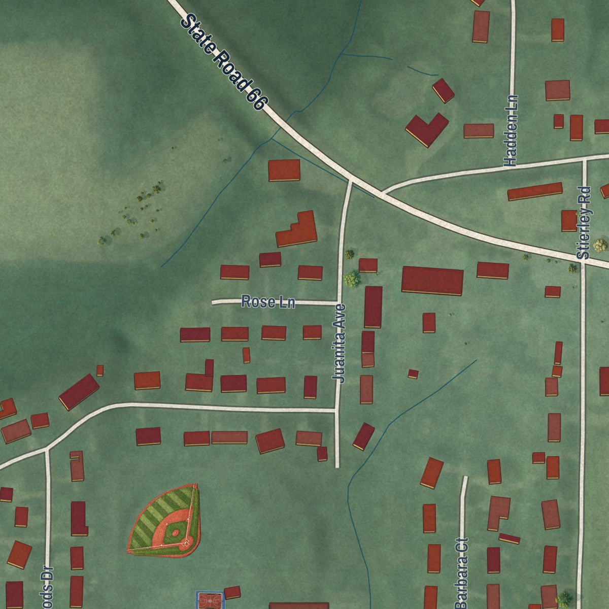 Close-up of the map of Blairsville, Indiana print showing street and building detail
