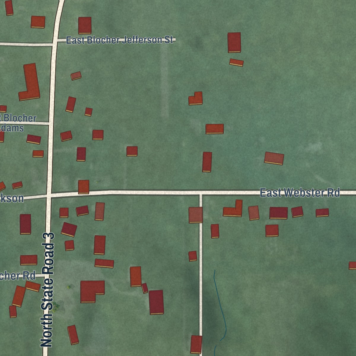 Close-up of the map of Blocher, Indiana print showing street and building detail