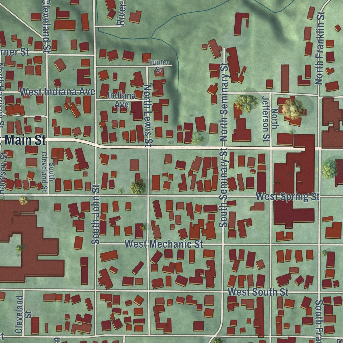 Close-up of the map of Bloomfield, Indiana print showing street and building detail
