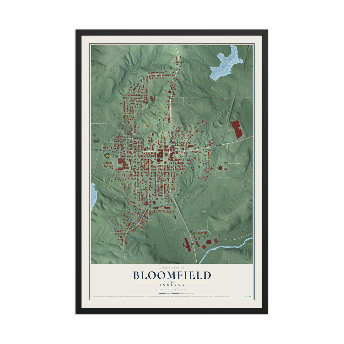 Map of Bloomfield, Indiana, 12 x 18 inch print in a black wood frame