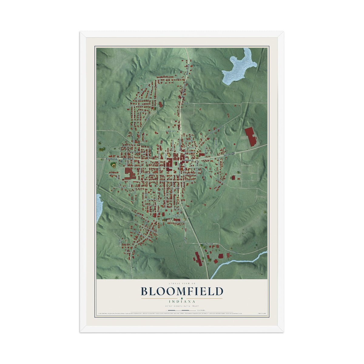 Map of Bloomfield, Indiana, 12 x 18 inch print in a white wood frame
