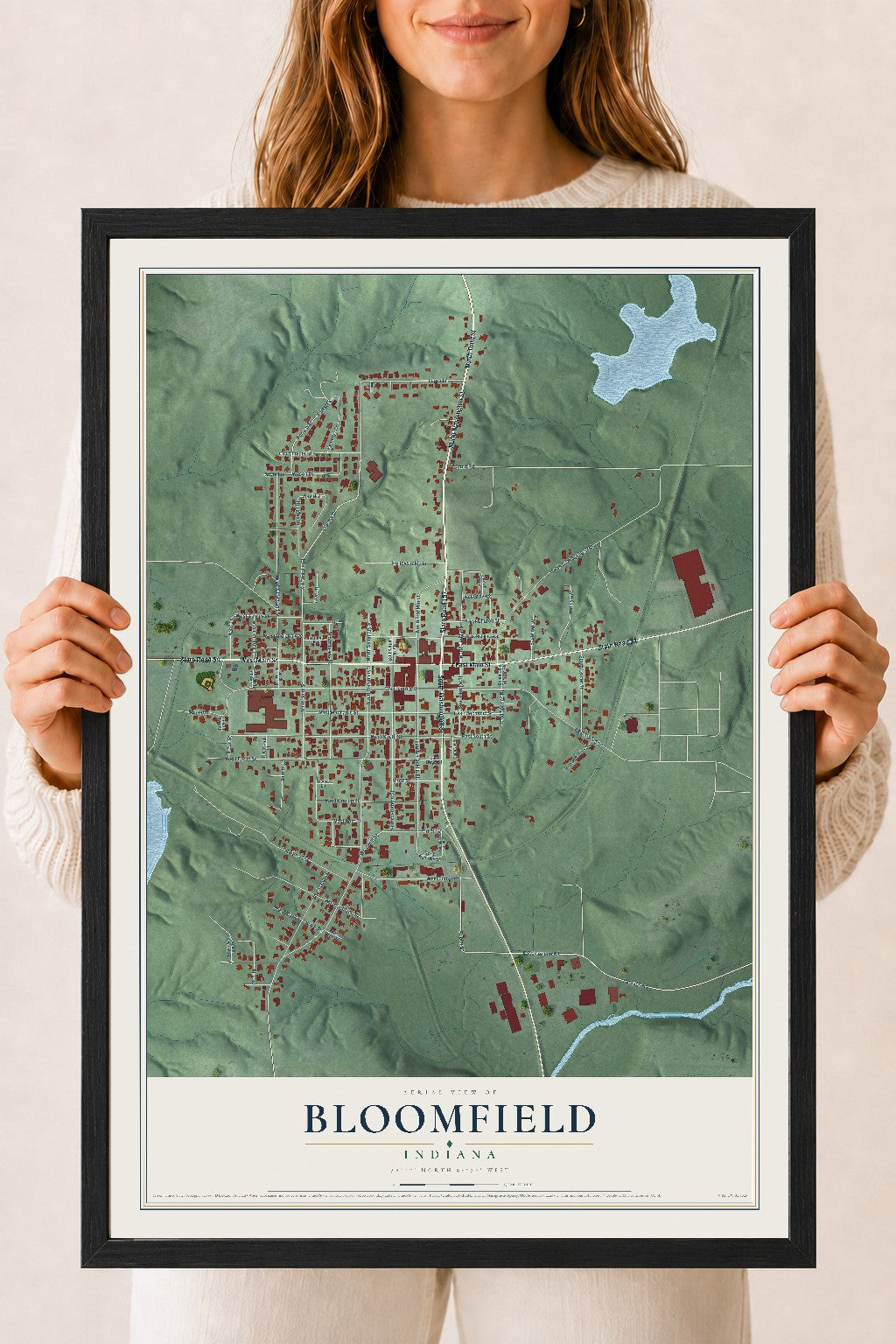 Map of Bloomfield, Indiana, 18 x 24 inch print in a black wood frame