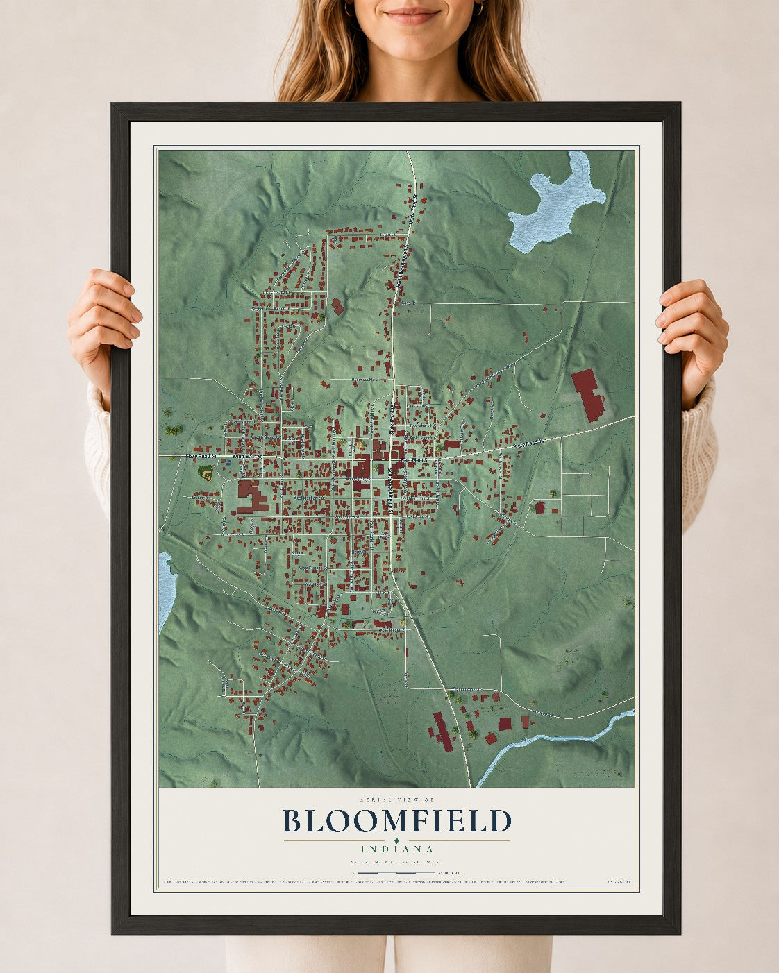 Map of Bloomfield, Indiana, 24 x 36 inch print in a black wood frame