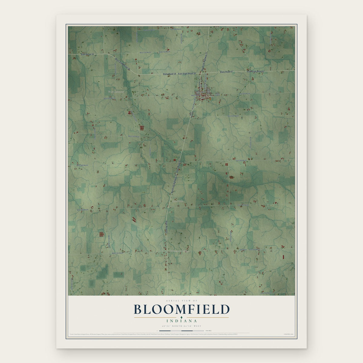 Bloomfield, Jay County, Indiana map print, the full design