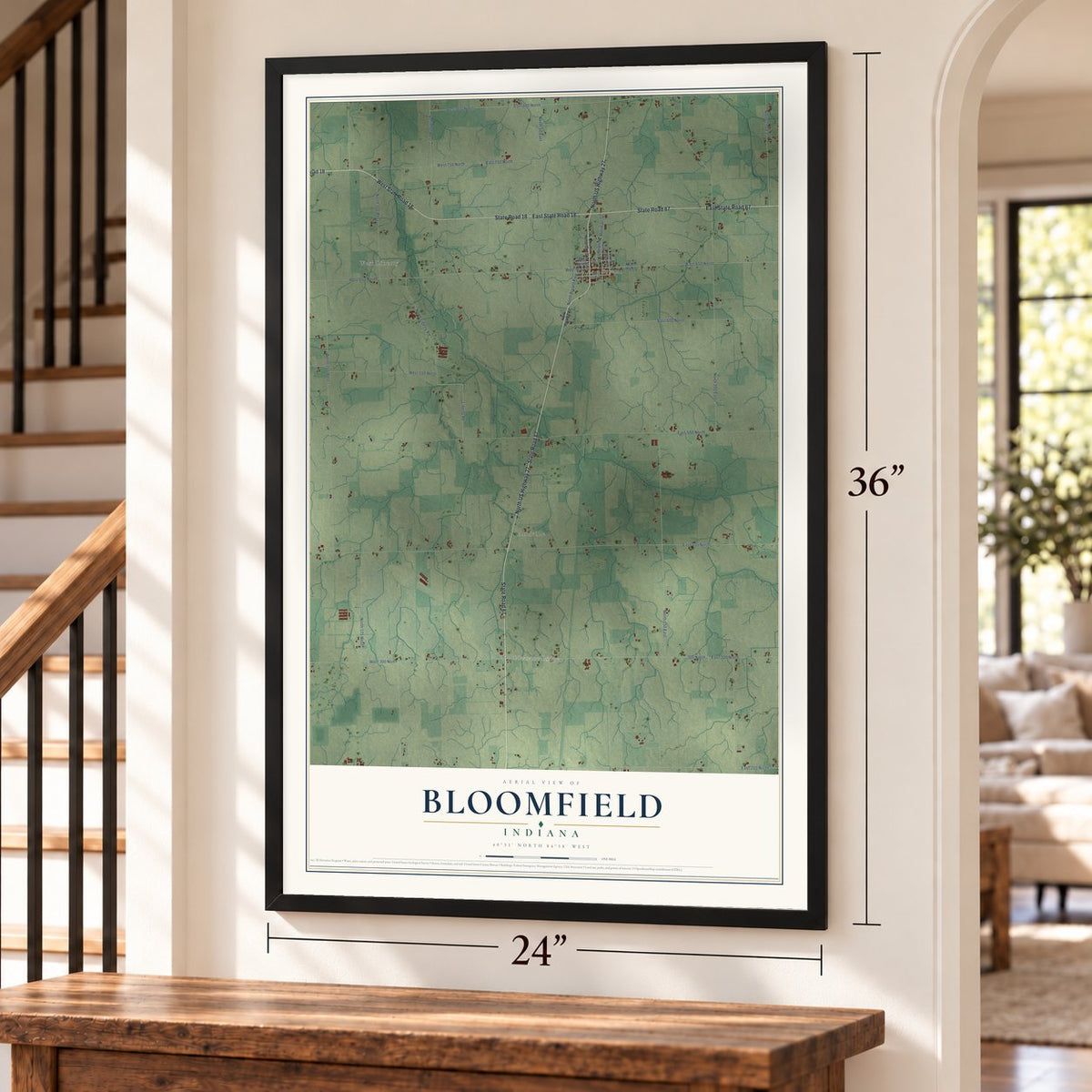 Bloomfield, Jay County, Indiana map, 24 x 36 inch print in a black frame by a staircase