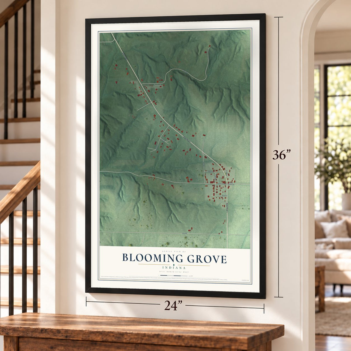Blooming Grove, Indiana map, 24 x 36 inch print in a black frame by a staircase